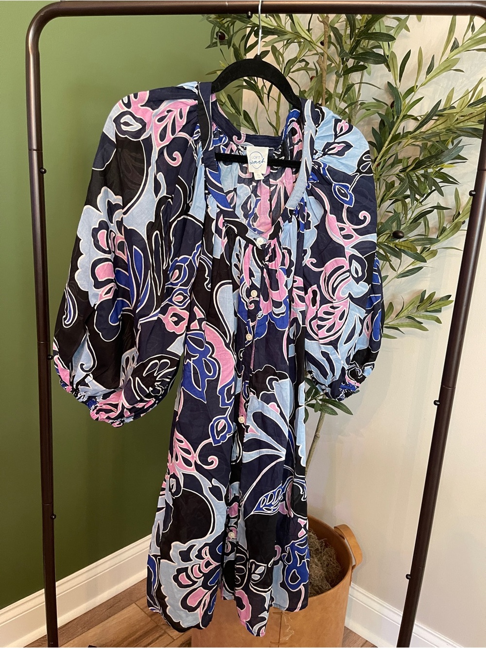 LOFT Floral-Print Puff-Sleeve Mini Dress in Black, Pink & Blue